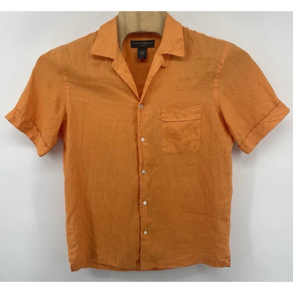 Banana Republic Shirt Mens Sm Orange 100% Linen Short Sleeve Camp Collar Beach